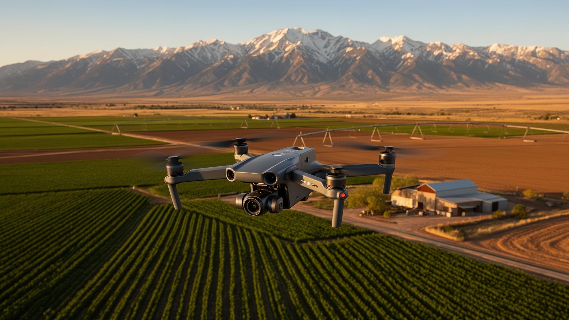 Aerial drone view of a Utah farm with crop fields and the Wasatch range in the distance